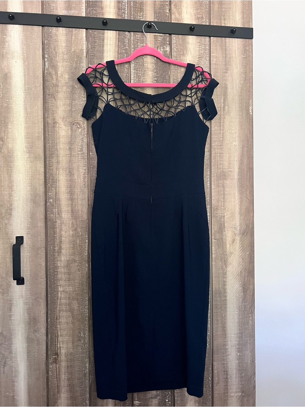 Tatyana Alika Elegant Navy Blue Sheath Dress with Lattice Illusion Yoke, Size L